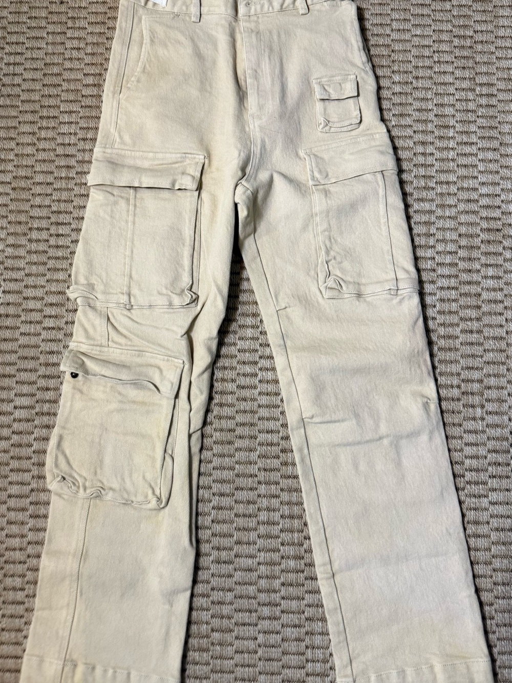 K- Two Studios Men's Cream Cargo Pants with Multi-Pocket Utility Design